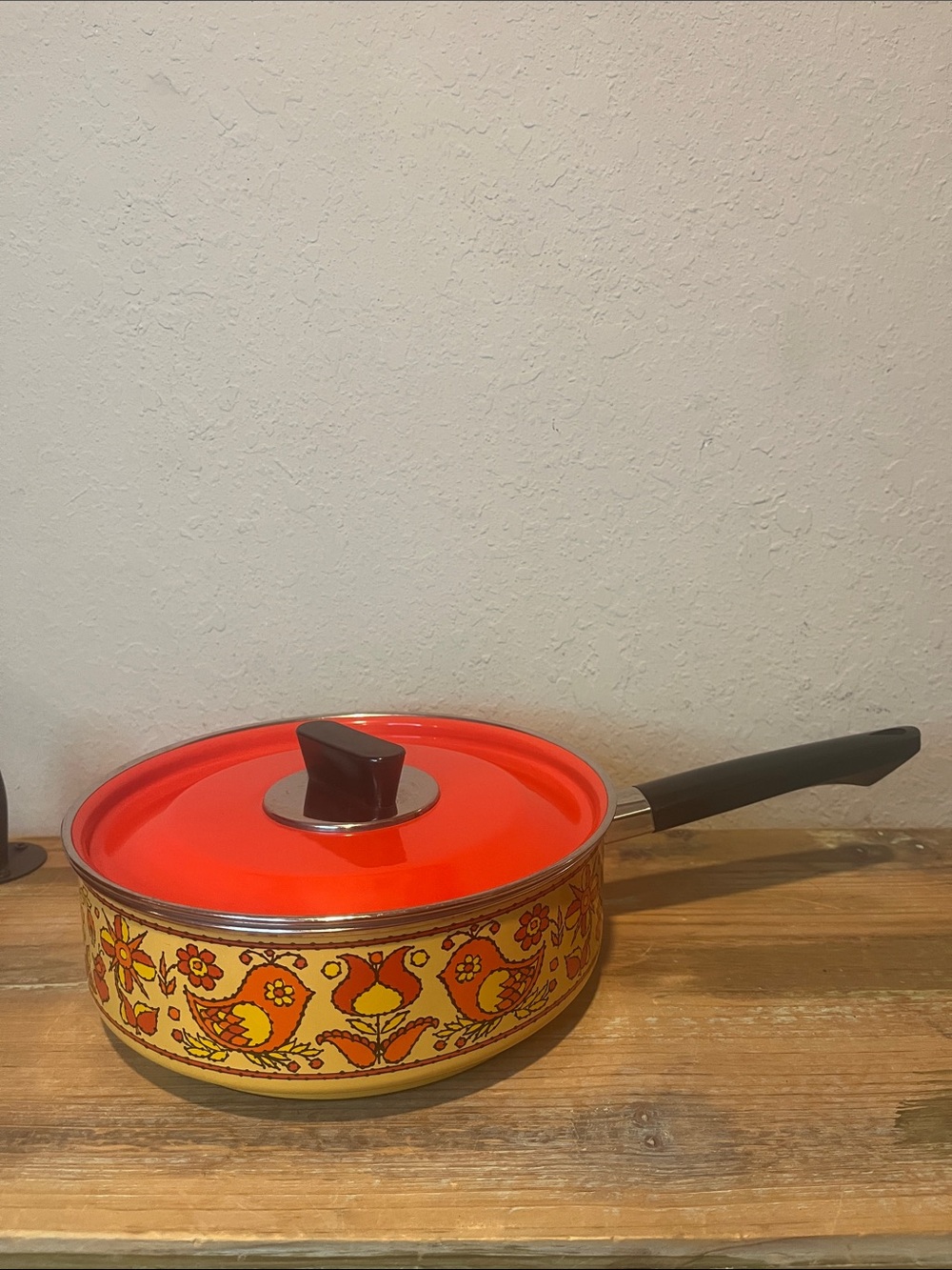 Vintage Mid Century Fancipans Enamel Sauce Pot Large 9” diameter, w/ lid
